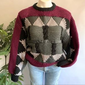 v i n t a g e :: Heavy Intarsia Leather Patchwork Knit Sweater